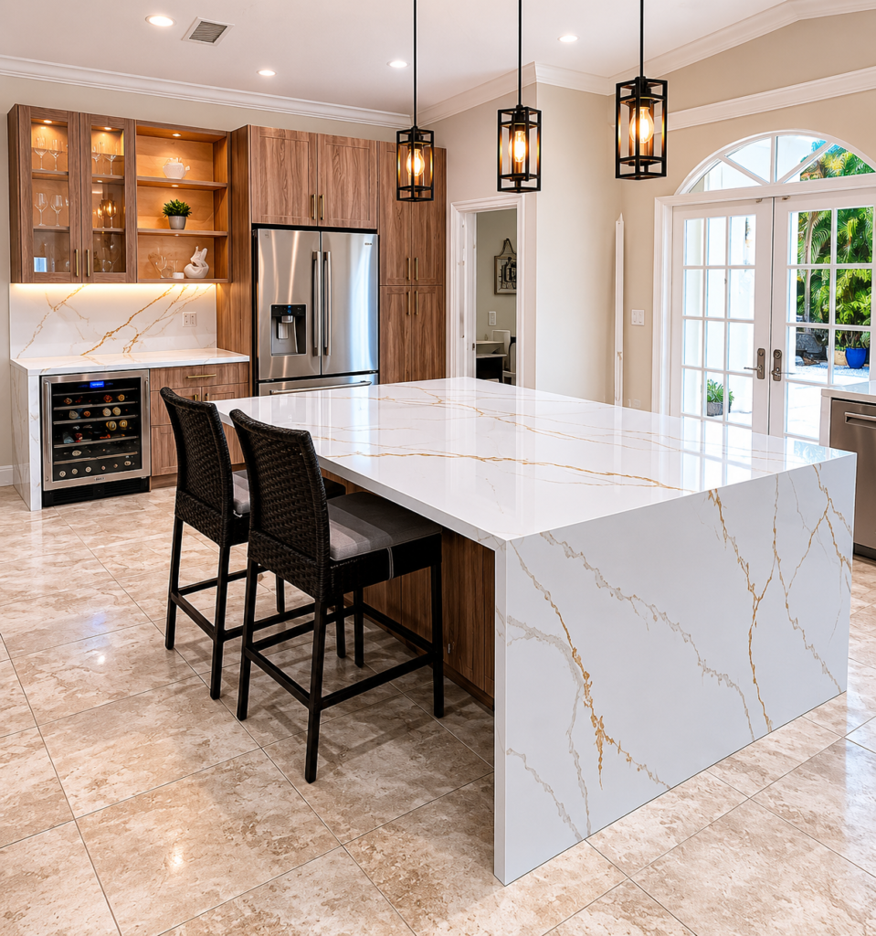 Calacatta Gold quartz waterfall island installation in South Florida
