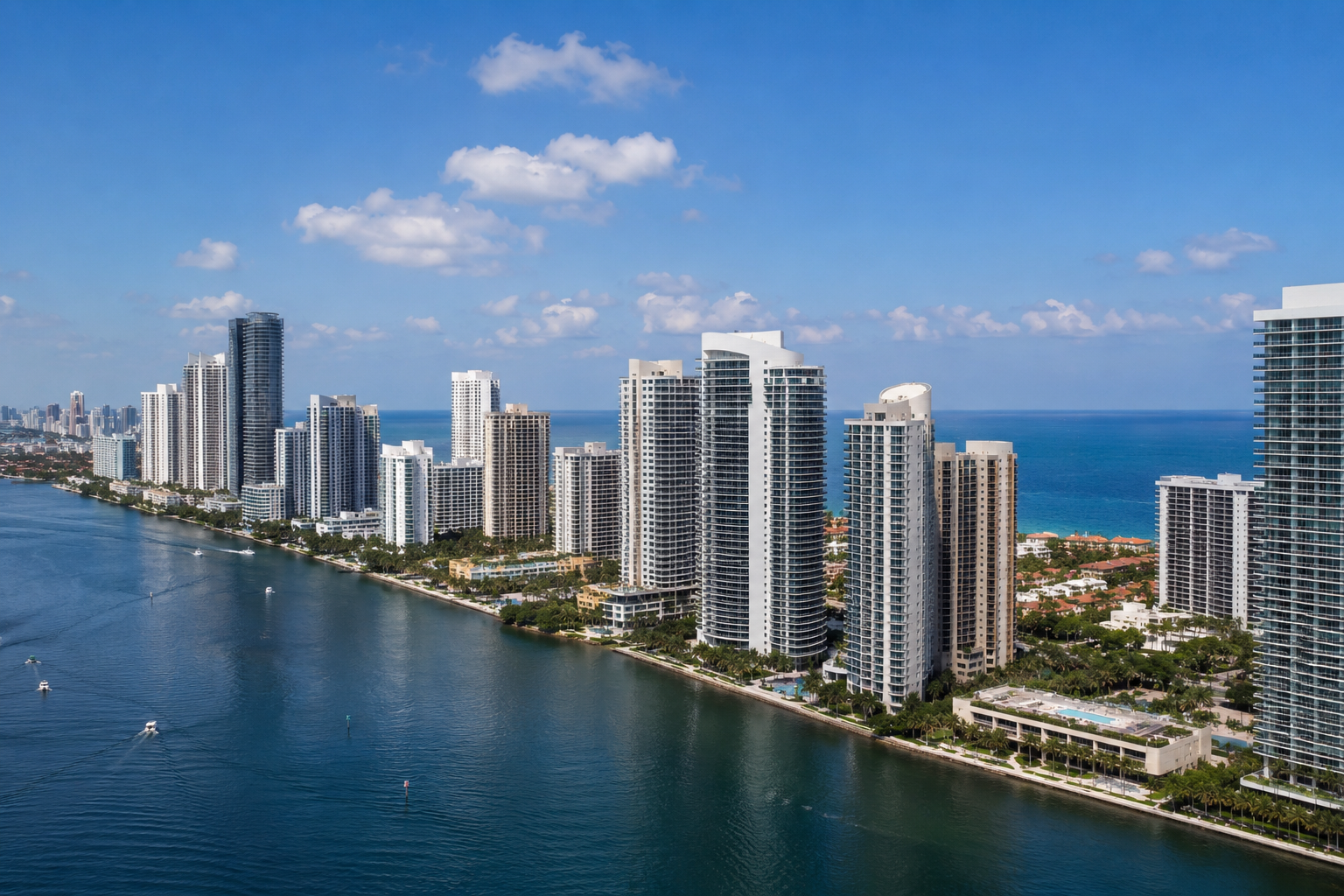 Aerial view of Aventura's luxury high-rise condominium corridor along the Intracoastal Waterway with waterfront residential towers and ocean views.