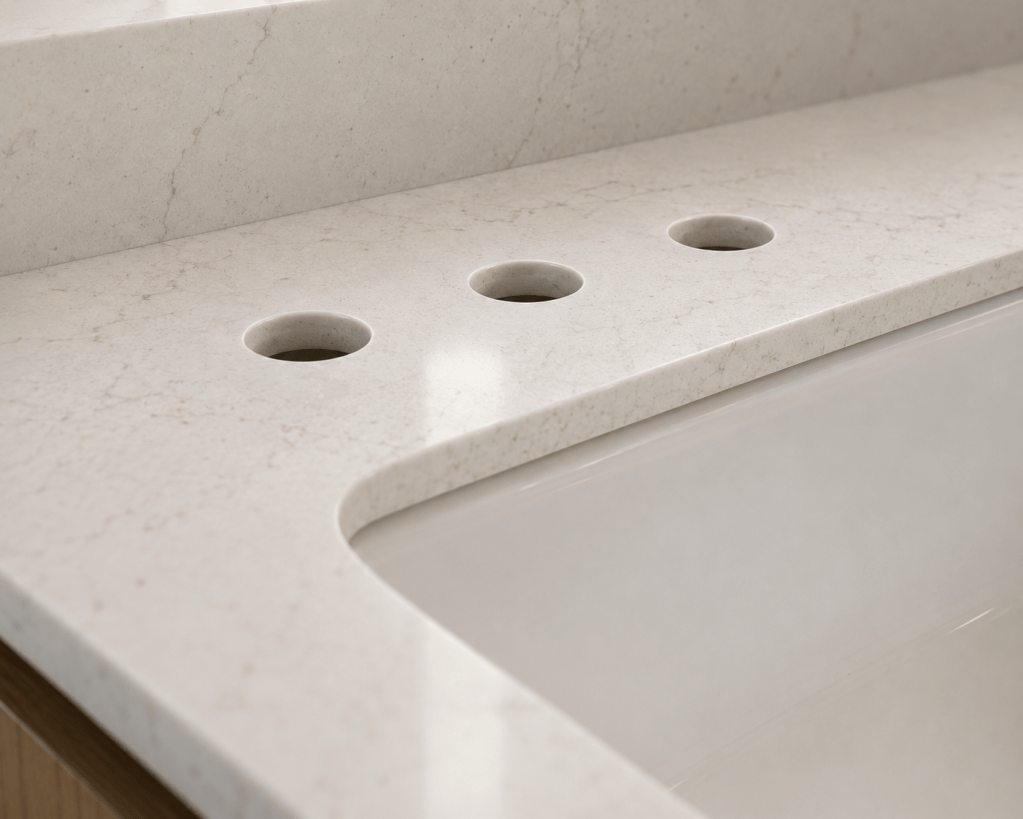 Close-up of precision-drilled faucet holes in a custom bathroom vanity countertop prepared for faucet installation.