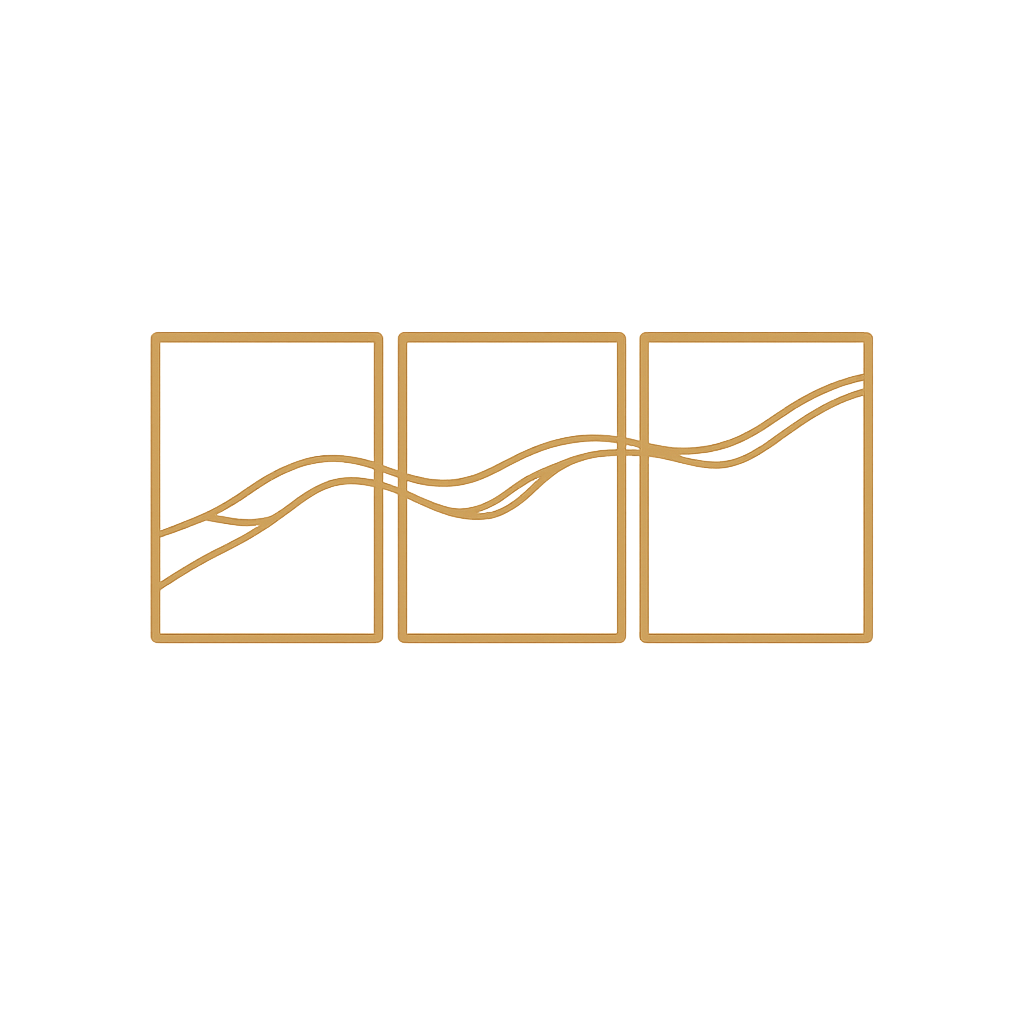 Gold line icon showing three porcelain slab panels with a continuous vein pattern flowing seamlessly across all pieces, representing consistent appearance and pattern continuity across large-format installations.