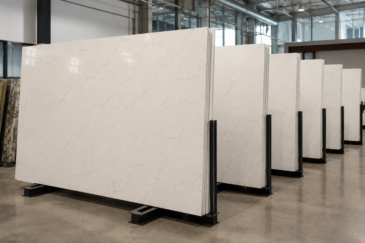 Multiple matching quartz slabs displayed in a professional stone fabrication showroom, demonstrating consistent color, veining, and pattern selection for large countertop projects.