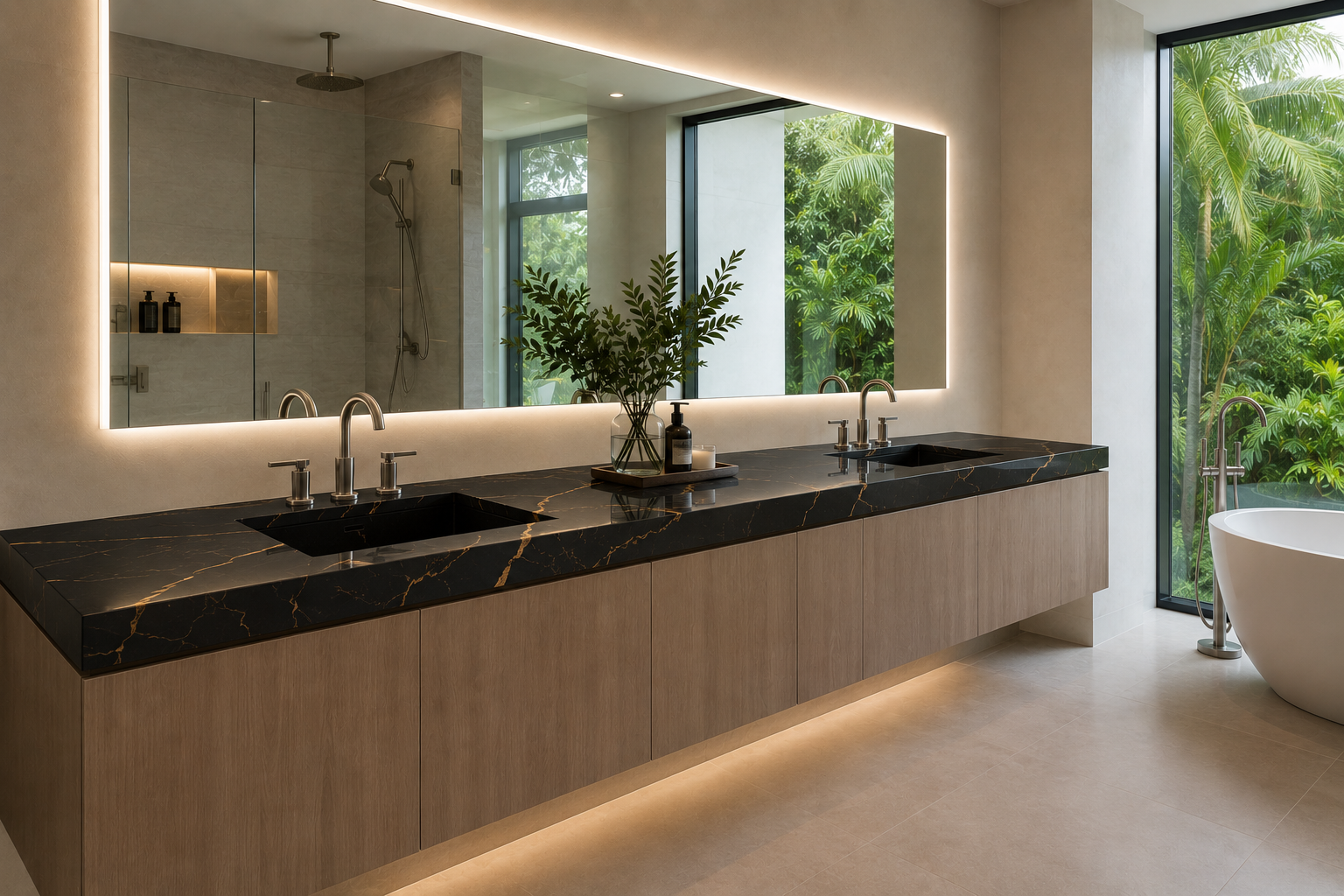 Luxury bathroom vanity featuring dark quartz countertops with dramatic gold veining, double undermount sinks, floating wood cabinetry, and modern backlit mirrors.