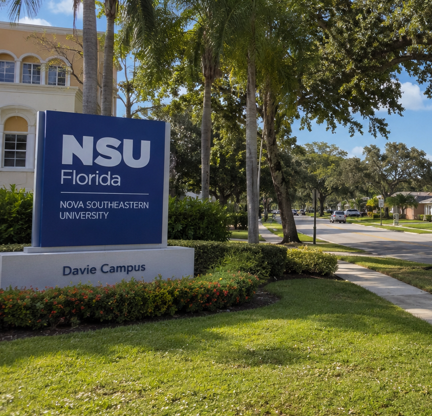 Residential neighborhood surrounding Nova Southeastern University in Davie, Florida, featuring mature trees, well-maintained homes, landscaped streets, and a desirable family-friendly community atmosphere.