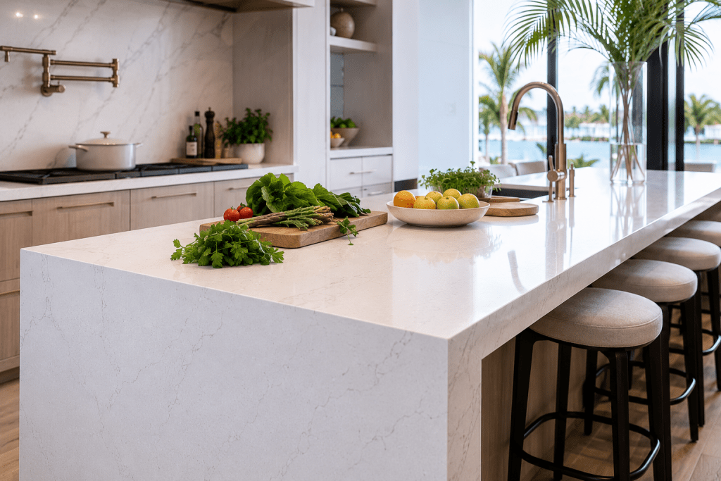White quartz waterfall island with fresh vegetables, herbs, and fruit arranged directly on the countertop, showcasing a hygienic food preparation surface in a luxury South Florida kitchen.