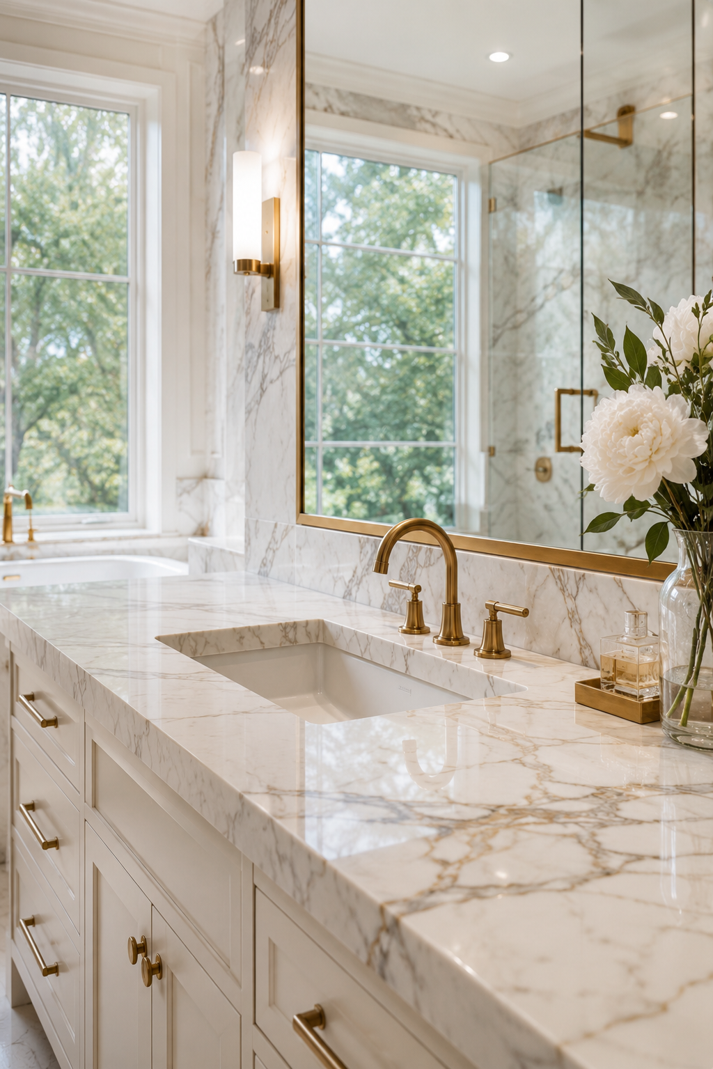 Luxury marble bathroom vanity countertop with undermount sink, full marble backsplash, and polished natural stone surface in an elegant master bathroom.