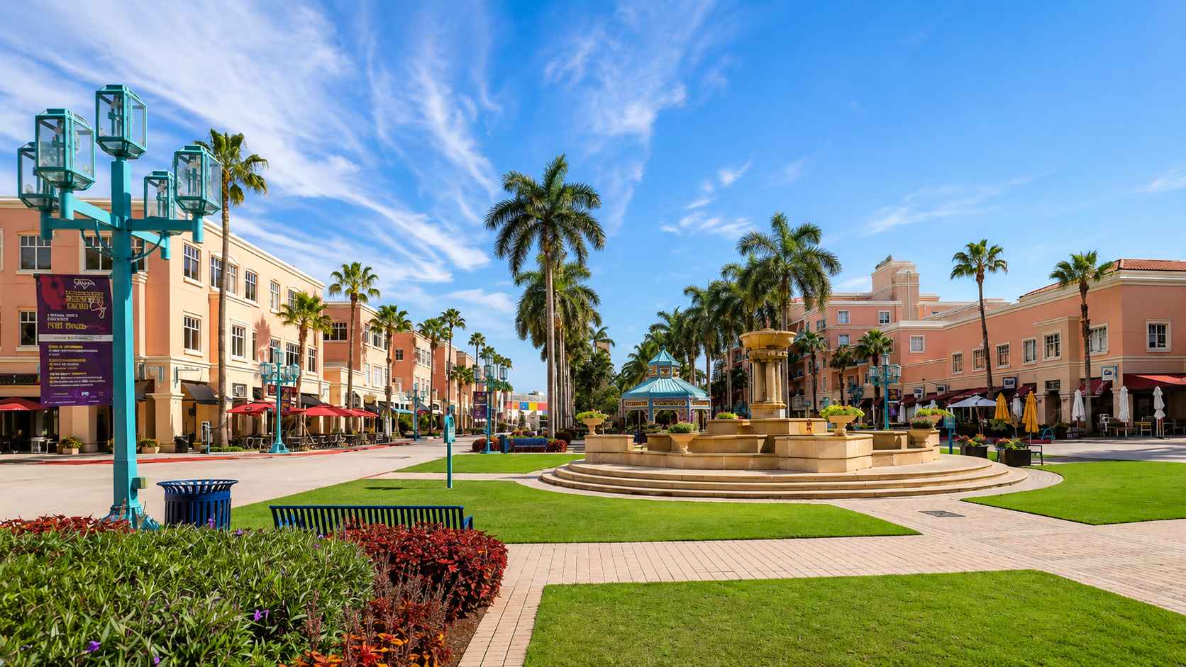 Mizner Park in Boca Raton, Florida featuring palm-lined walkways, luxury retail, upscale dining, Mediterranean architecture, and the vibrant downtown district.