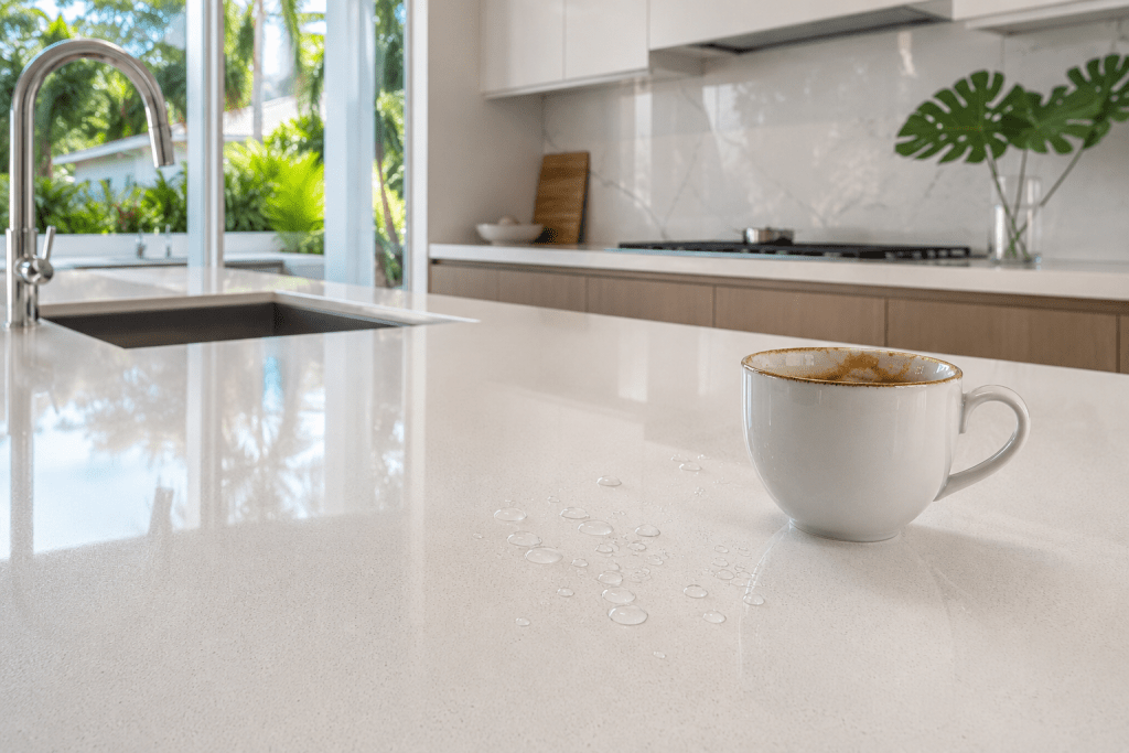 Close-up of a white quartz countertop with water droplets and a coffee cup in a bright South Florida kitchen, demonstrating the non-porous surface that does not require sealing.