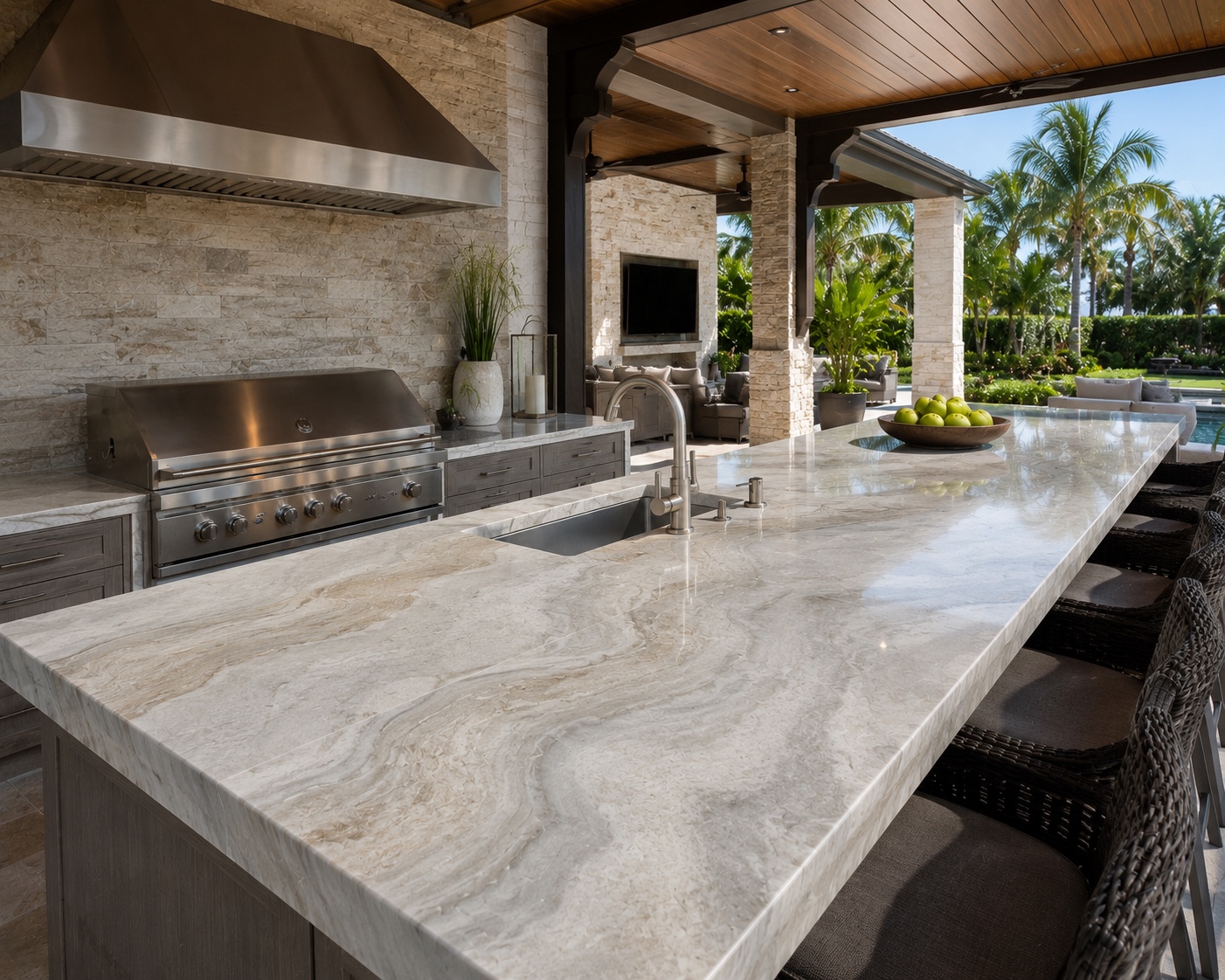 Quartzite Countertops South Florida | King of Quartz 10 Luxury outdoor kitchen featuring natural quartzite countertops, built-in grill, seating area, and weather-resistant stone surfaces in a South Florida backyard.