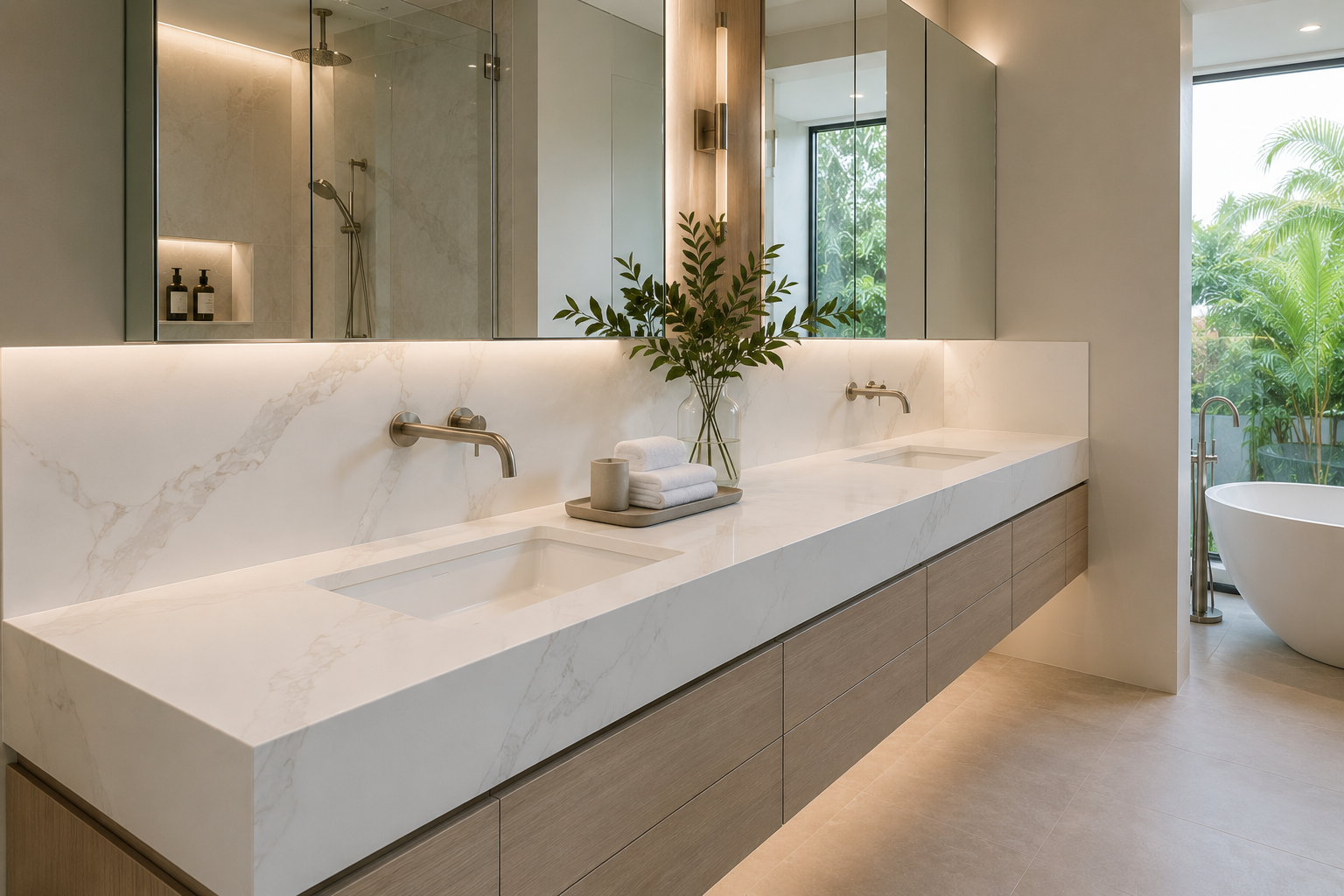 Large-format porcelain bathroom vanity countertop with integrated double sinks, full-height porcelain backsplash, and modern floating vanity in a luxury South Florida bathroom.