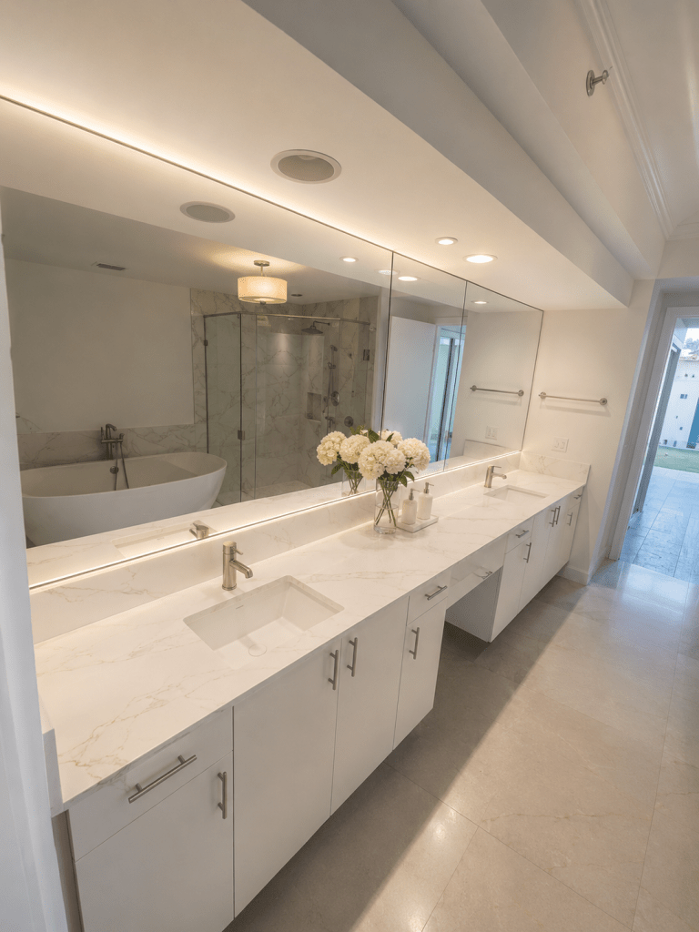 Luxury double bathroom vanity featuring large-format porcelain slab countertops with integrated sinks and matching porcelain backsplash in a South Florida home.