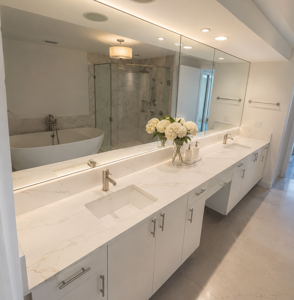 Luxury double bathroom vanity featuring large-format porcelain slab countertops with integrated sinks and matching porcelain backsplash in a South Florida home.