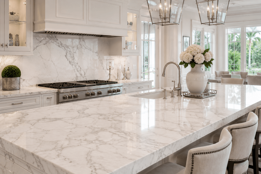 Luxury kitchen featuring white marble countertops with natural gray veining and classic timeless design.