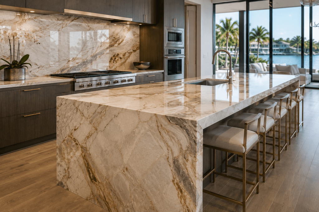 Luxury South Florida kitchen featuring a Taj Mahal quartzite waterfall island with natural veining and unique stone movement.