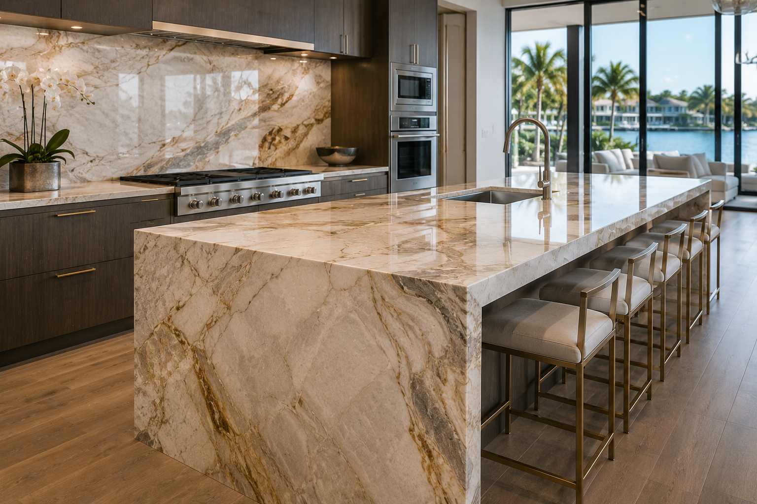 Quartzite Countertops South Florida | King of Quartz 7 Luxury South Florida kitchen featuring a Taj Mahal quartzite waterfall island with natural veining and unique stone movement.