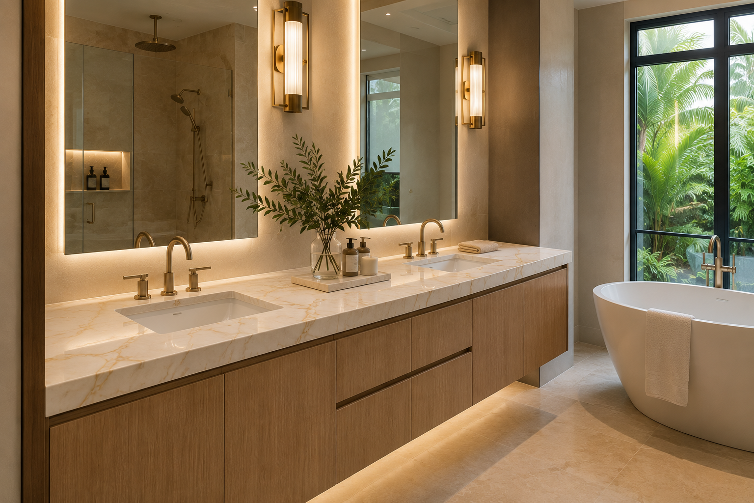 Luxury quartzite bathroom vanity countertop with dual undermount sinks, natural stone veining, and custom floating-style vanity in a high-end master bathroom.