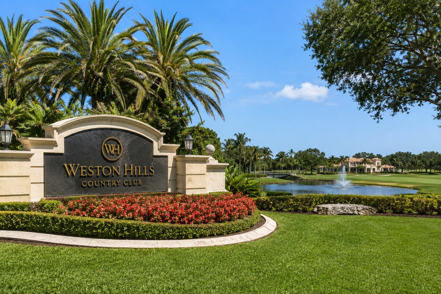 Countertops Weston, FL 3 Entrance to Weston Hills Country Club in Weston, Florida featuring championship golf courses, luxury homes, tropical landscaping, lakes, and gated residential communities.