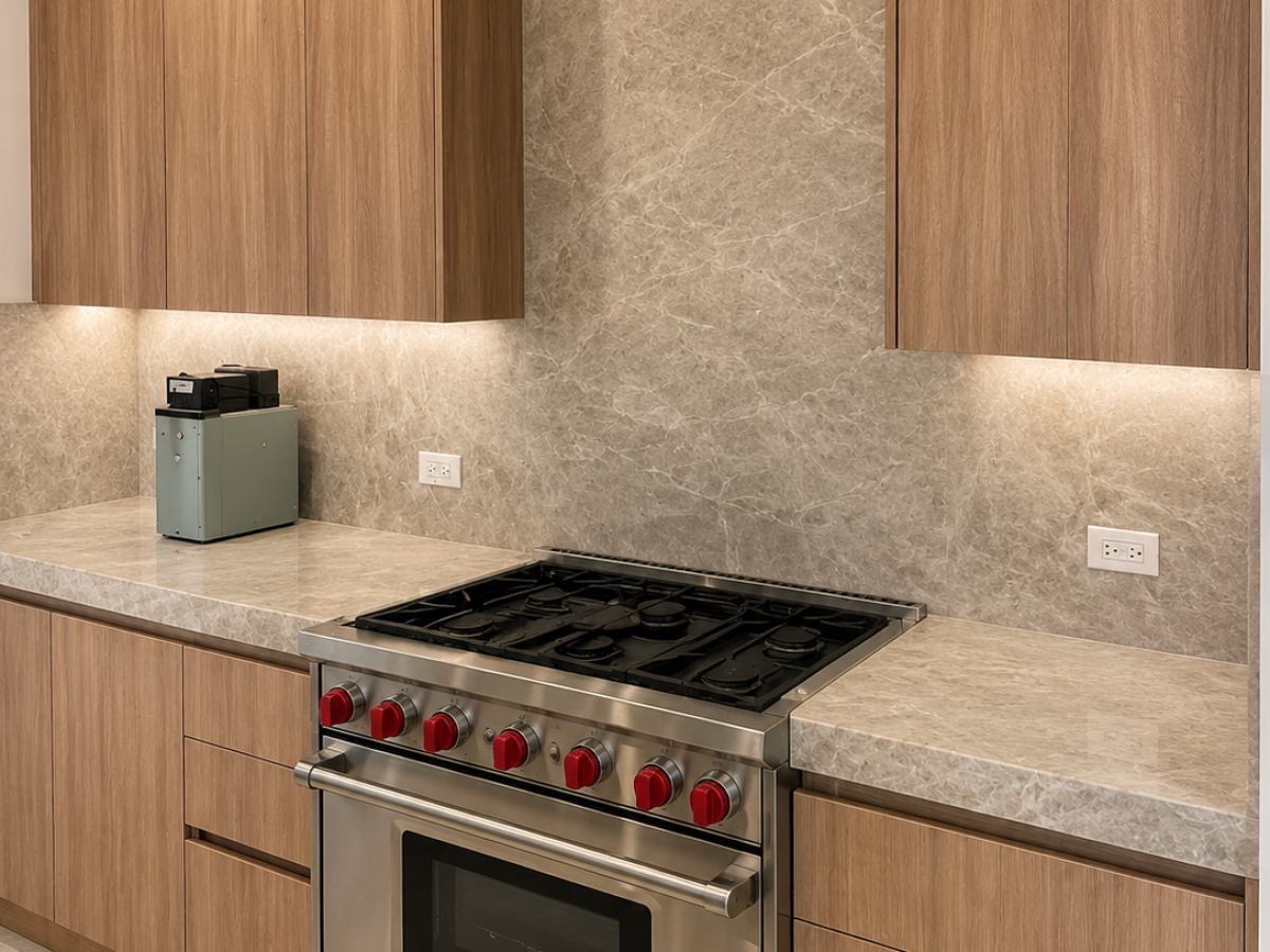Modern walnut kitchen remodel with taupe quartz countertops, matching full-height quartz backsplash, custom cabinetry, and Wolf gas range installed by King of Quartz in South Florida.