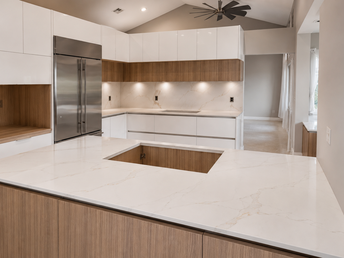 Modern kitchen remodel with a large Calacatta quartz island, matching quartz backsplash, white flat-panel cabinetry, walnut accents, and integrated stainless-steel refrigerator by King of Quartz in South Florida.