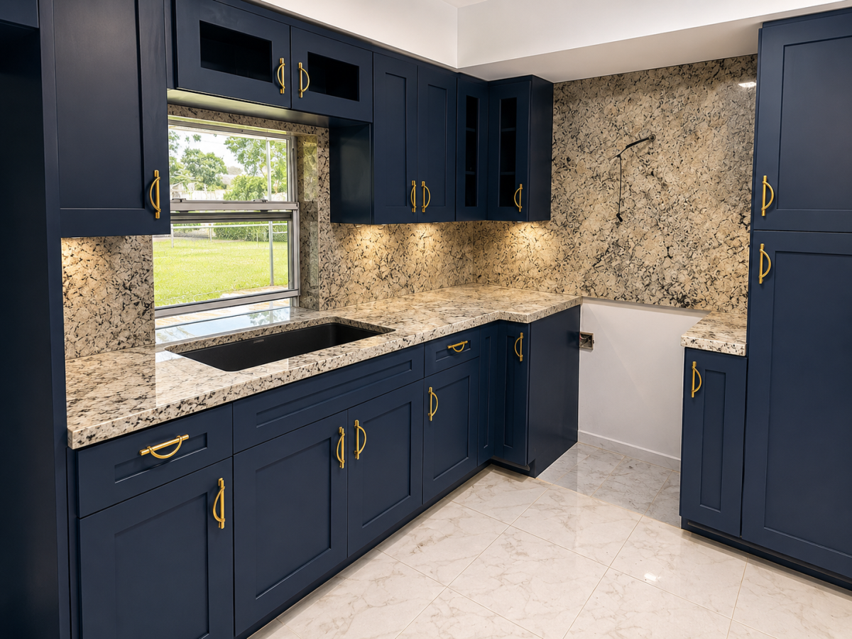 Custom navy blue kitchen remodel with granite countertops, matching full-height granite backsplash, black undermount sink, gold hardware, and custom cabinetry by King of Quartz in South Florida.